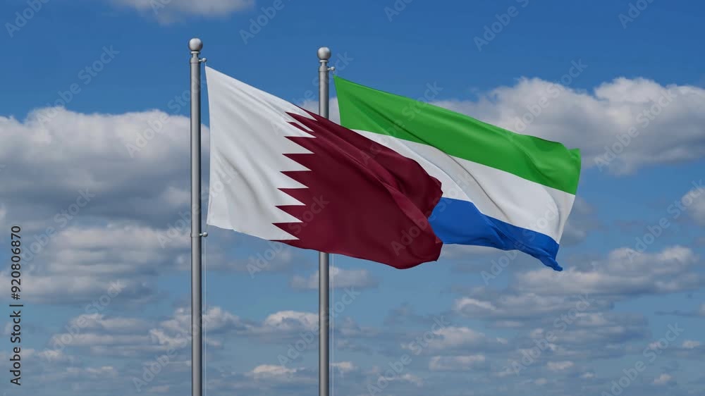 Sierra Leone or Salone and Qatar flags flying together, video concept of the relationship, two country cooperation concept Sierra Leone or Salone and Qatar flags flying together, video concept of the relationship, two country cooperation concept