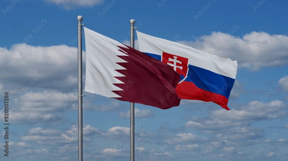Slovak Republic or Slovakia and Qatar flags flying together, video concept of the relationship, two country cooperation concept Slovak Republic or Slovakia and Qatar flags flying together, video concept of the relationship, two country cooperation concept