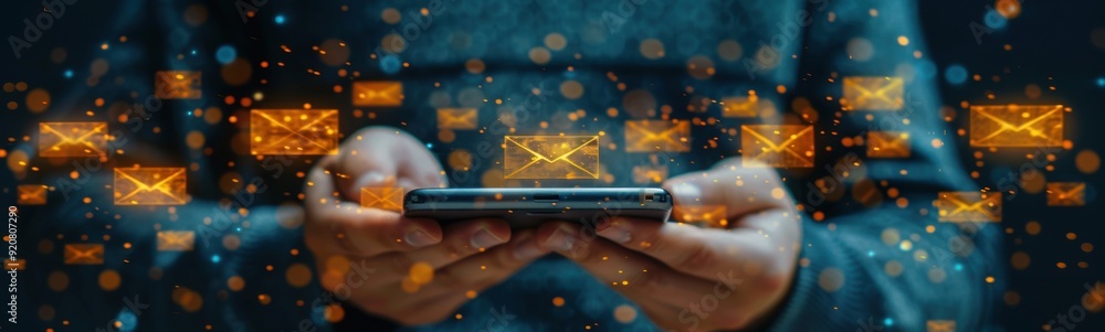 Someone holding a cell phone with email symbols coming out of it, Banner, Copy space Someone holding a cell phone with email symbols coming out of it, Banner, Copy space