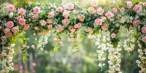 Fototapeta Naklejka Na Ścianę i Meble -  A charming floral arch decorated beautifully with pink roses and elegant white flowers, ideal for celebrations