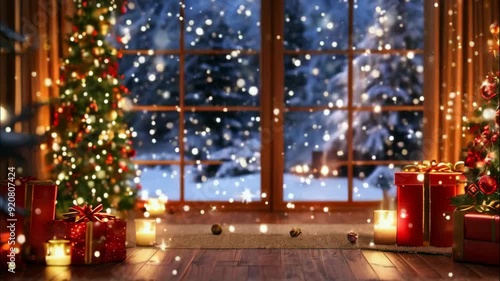 A cozy Christmas scene with a window view of a snowy night, lit candles, and presents on the wooden floor.