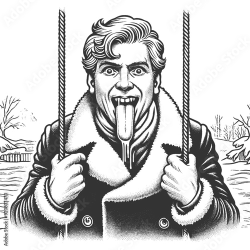 man with his tongue stuck to a cold metal object while holding onto a swing, humorous and exaggerated winter mishap sketch engraving generative ai vector illustration. Black and white image.