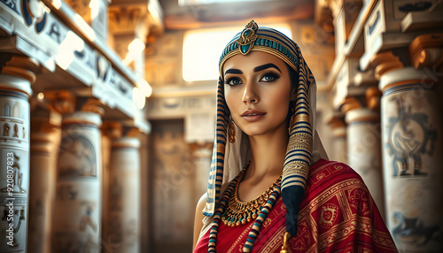 Portrait of a beautiful woman in traditional Egyptian clothing in an ancient Egyptian temple isolated with white highlights, png photo