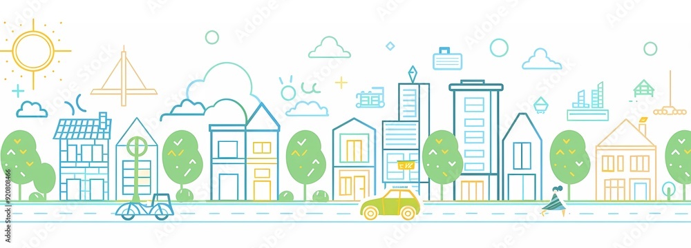 simple line drawing of small town skyline, vector illustration, flat design, white background, minimalistic, thin lines, simple shapes simple line drawing of small town skyline, vector illustration, flat design, white background, minimalistic, thin lines, simple shapes