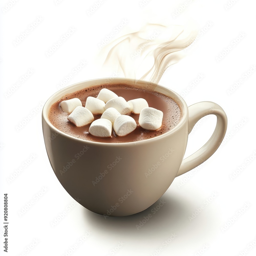 A steaming cup of hot chocolate with marshmallows on a solid white background, single object A steaming cup of hot chocolate with marshmallows on a solid white background, single object