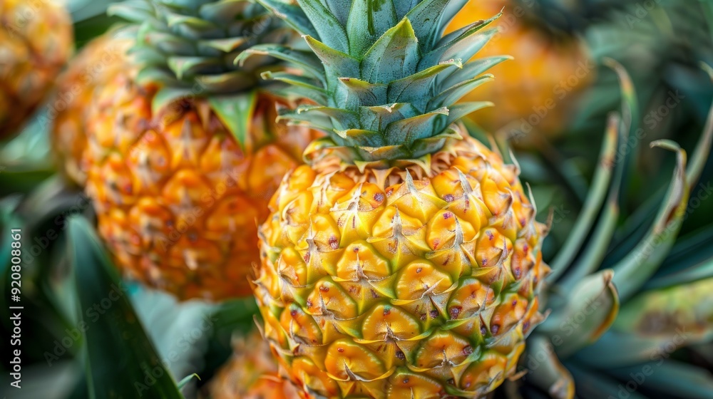 close-up of freshly harvested ripe pineapple variety honey gold (Ananas comosus), close-up of freshly harvested ripe pineapple variety honey gold (Ananas comosus),
