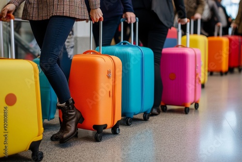 Passengers pushing colorful luggage through the airport. Up close, we see travelers on the airport trolley with their colorful, branded bags. Generative AI