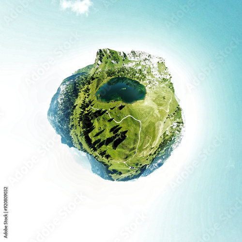 Little tiny Planet : Panoramique du lac Seebergsee vu du ciel 