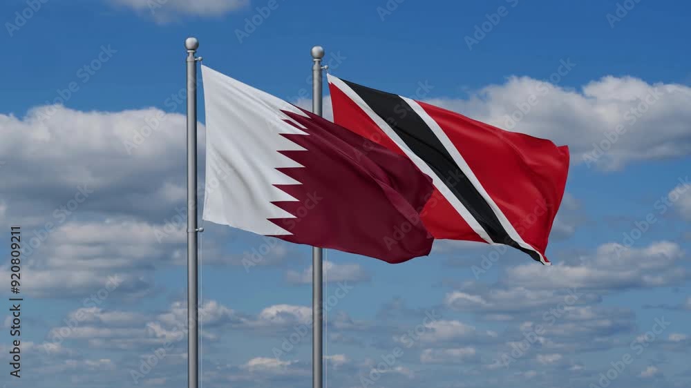 Trinidad and Tobago and Qatar flags flying together, video concept of the relationship, two country cooperation concept Trinidad and Tobago and Qatar flags flying together, video concept of the relationship, two country cooperation concept