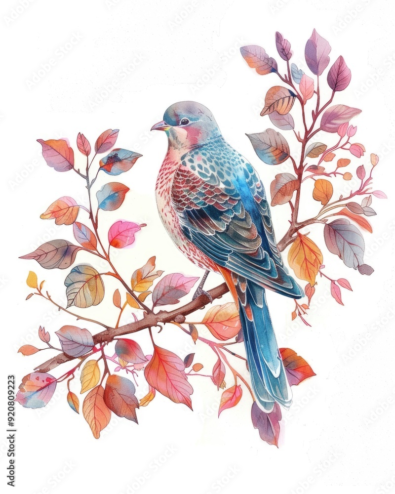 Golden Bird and Hydrangea in Watercolor Autumn Illustration Golden Bird and Hydrangea in Watercolor Autumn Illustration