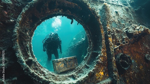 Photograph of a diver exploring a shipwreck looking for a treasure chest and hidden secrets of the deep sea.