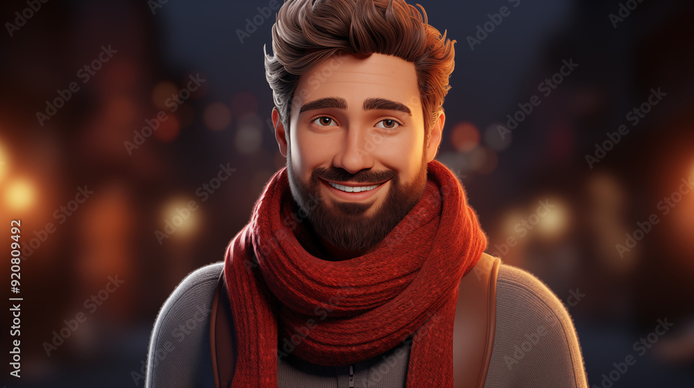 Bearded Man In A Red Scarf And Jacket Smiling Brightly In A Dimly Lit Evening Urban Setting Bearded Man In A Red Scarf And Jacket Smiling Brightly In A Dimly Lit Evening Urban Setting