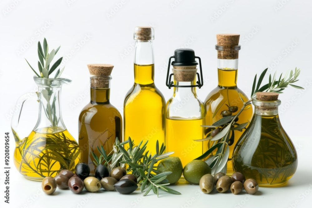 Assorted olive oil bottles in rustic style with fresh olives. Culinary ingredients concept for healthy cooking and gourmet dishes. Ideal for kitchen decor. Generative AI Assorted olive oil bottles in rustic style with fresh olives. Culinary ingredients concept for healthy cooking and gourmet dishes. Ideal for kitchen decor. Generative AI