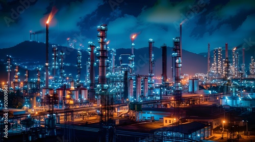 Wallpaper Mural A sprawling oil refinery complex at night, with massive distillation columns, pipelines snaking through the facility, and flares lighting up the sky Torontodigital.ca