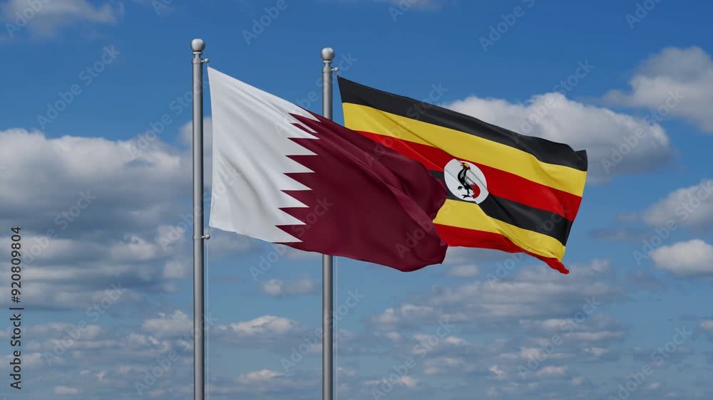 Republic of Uganda and Qatar flags flying together, video concept of the relationship, two country cooperation concept Republic of Uganda and Qatar flags flying together, video concept of the relationship, two country cooperation concept