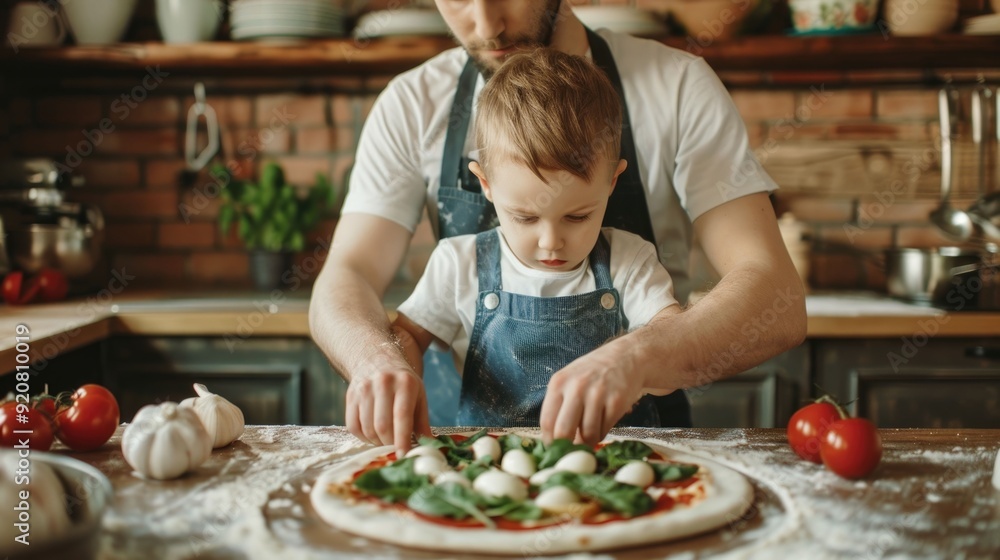 Father and young son working together to make a homemade pizza from scratch in the kitchen with a deep depth of field showcasing the ingredients and workspace Father and young son working together to make a homemade pizza from scratch in the kitchen with a deep depth of field showcasing the ingredients and workspace