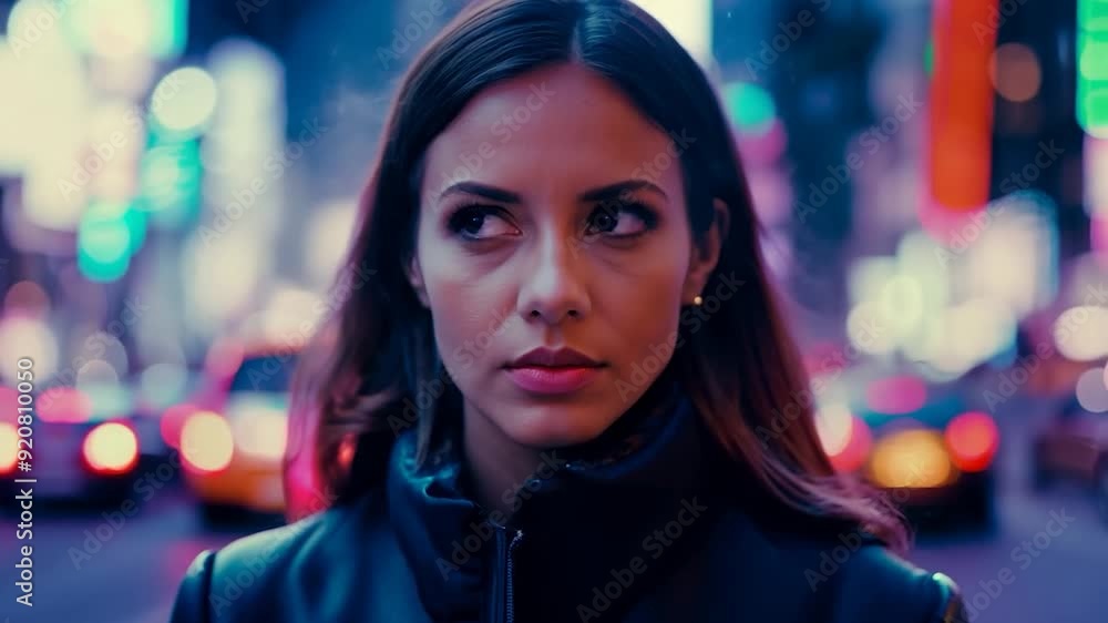 Young woman is posing on a city street at night, with colorful bokeh lights in the background. Her face is illuminated by the city lights Young woman is posing on a city street at night, with colorful bokeh lights in the background. Her face is illuminated by the city lights