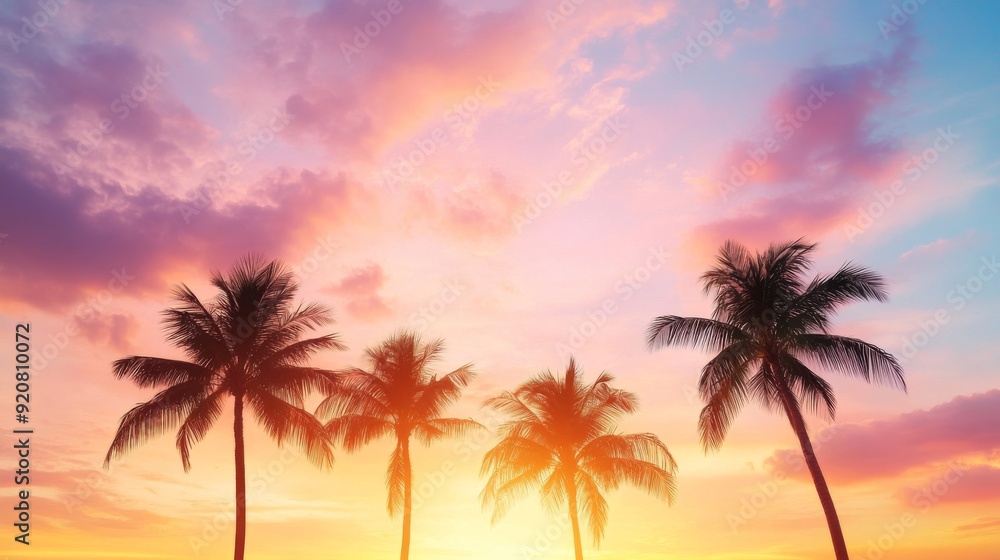 Serene Tropical Paradise: Silhouetted Palm Trees Against Vibrant Sunset Sky Serene Tropical Paradise: Silhouetted Palm Trees Against Vibrant Sunset Sky