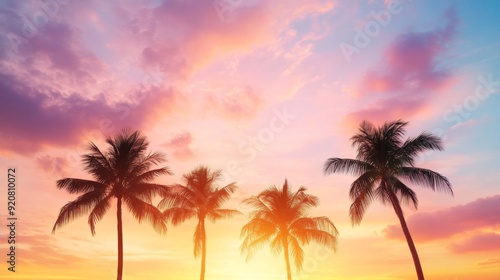 Serene Tropical Paradise: Silhouetted Palm Trees Against Vibrant Sunset Sky