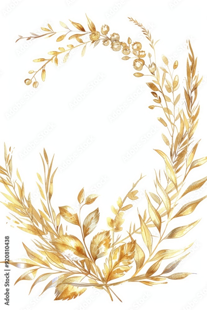 Hand Drawn Golden Laurel Frame with Wildflowers and Grasses Hand Drawn Golden Laurel Frame with Wildflowers and Grasses