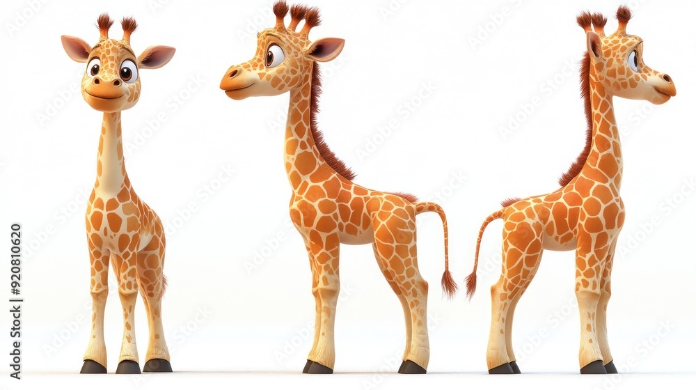Obraz premium A cute cartoon giraffe standing on a white background. The giraffe is looking to the left, with its head tilted and its eyes wide open. The giraffe is brown and yellow with dark hooves.