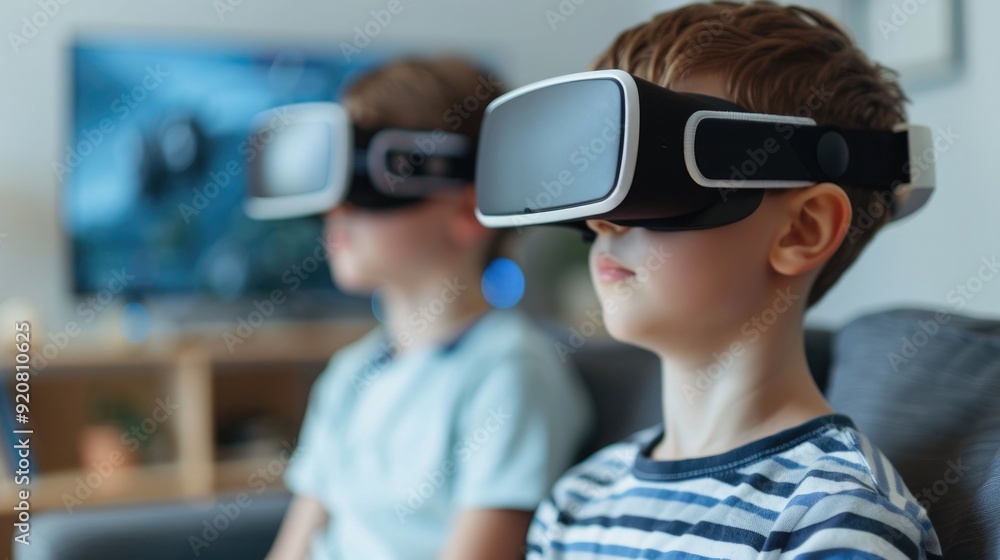 Father and son enjoying time together as they explore and experience the captivating world of virtual reality games using cutting edge VR headsets in a modern technology infused setting Father and son enjoying time together as they explore and experience the captivating world of virtual reality games using cutting edge VR headsets in a modern technology infused setting