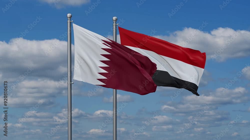 Yemen and Qatar flags flying together, video concept of the relationship, two country cooperation concept Yemen and Qatar flags flying together, video concept of the relationship, two country cooperation concept
