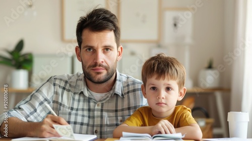 Father and son sharing a hobby of collecting stamps or coins together in a cozy organized home office setting with albums shelves and other decorative elements creating a warm focused atmosphere