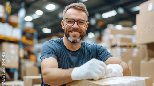 A happy worker, organizing packages and wearing white gloves, smiling in a spacious, well-lit, and highly organized warehouse, embodying efficiency and dedication.