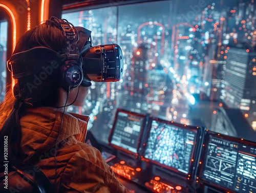 A woman wearing a VR headset is looking at a cityscape on a computer screen. The scene is bright and colorful, with a sense of excitement and adventure