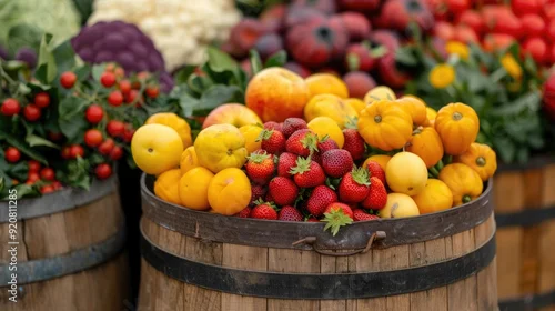 Fototapeta Vibrant Fruit Harvest Festival with Colorful Displays and Community A scene of a bountiful fruit and vegetable harvest festival