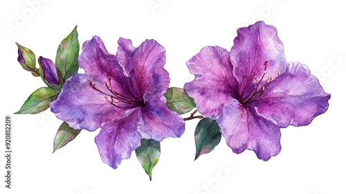 Fototapeta Naklejka Na Ścianę i Meble -  Azalea Illustration. Watercolor Art of Exotic Azalea Flowers and Leaves on White Background