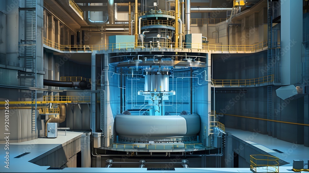 custom made wallpaper toronto digitalA cross-sectional view of a pressurized water reactor, showing the reactor vessel, control rods, and high-pressure water circulating to prevent boiling, all within a highly secure containment building