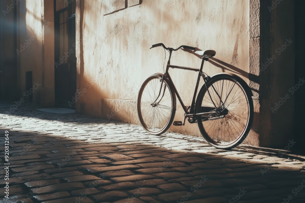 A classic bicycle parked near a cobblestone street, with soft sunlight casting long shadows A classic bicycle parked near a cobblestone street, with soft sunlight casting long shadows