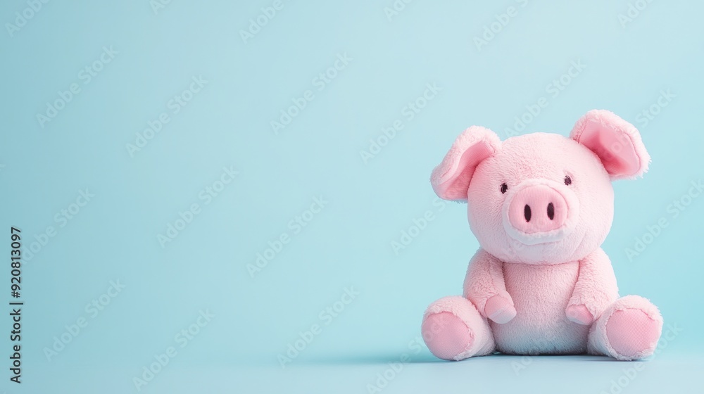Obraz premium Pink plush pig toy sitting on a light blue background.
