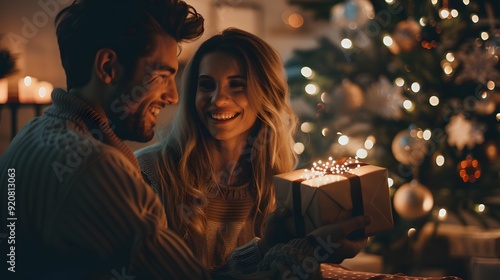 Christmas Bliss: Family Holding a Wrapped Gift, Holiday Joy and Affection photo