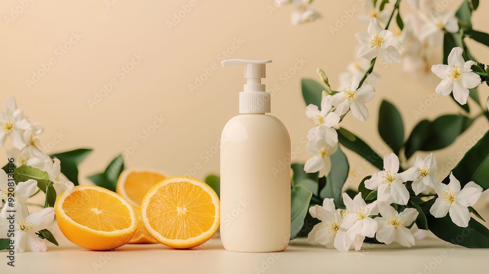 A natural skincare product beside fresh oranges and white flowers on a light background A natural skincare product beside fresh oranges and white flowers on a light background