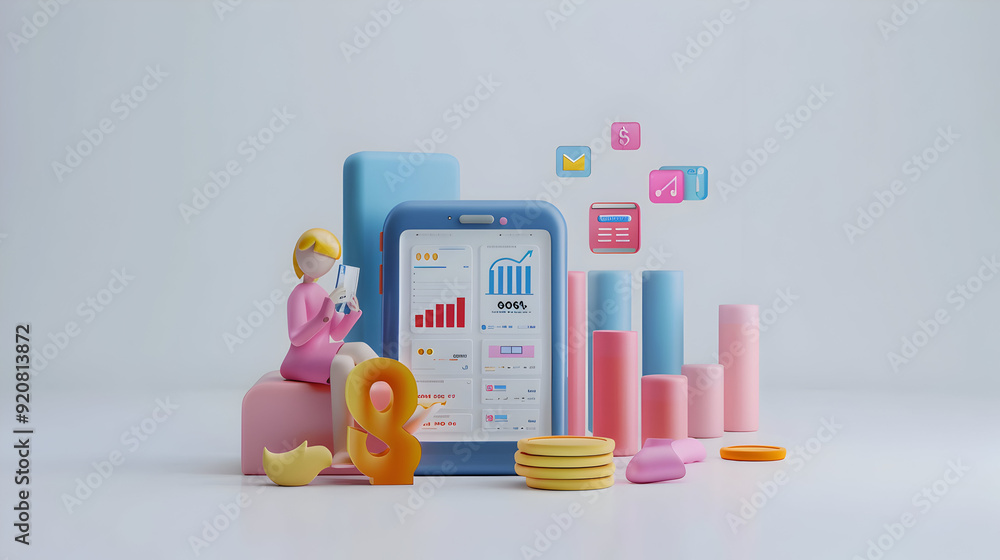 Obraz premium 3D Flat Icon: Person Managing Income with Financial App on Smartphone for Personal Finance, Isolated White Background for Text and Design Elements