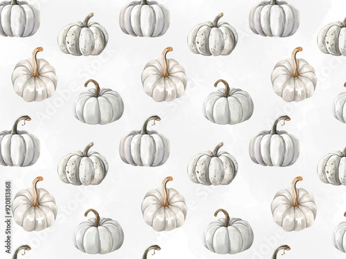 Watercolor white pumpkins pattern. Seamless pattern of watercolor white and light gray pumpkins on a background with watercolor strokes. Autumn watercolor. Autumn background, seamless pattern. photo