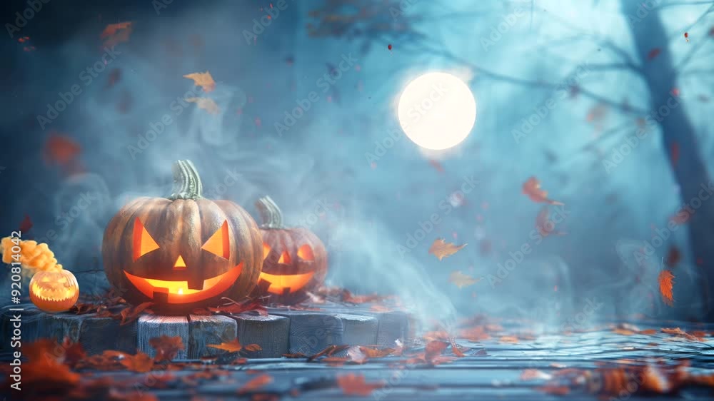 Halloween pumpkins on podium with smoke and autumn leaves on mystical background Halloween pumpkins on podium with smoke and autumn leaves on mystical background