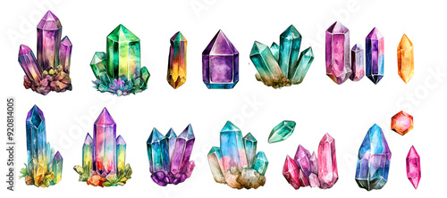 Watercolor crystal stone or gem. A precious gem. Magic crystals and semi-precious stones vector set. Rough diamond, malachite, turquoise, quartz. photo