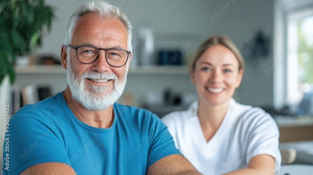 A smiling elderly man in a blue shirt sits comfortably with a supportive assistant in the background, emphasizing warmth and companionship in a modern, peaceful setting. A smiling elderly man in a blue shirt sits comfortably with a supportive assistant in the background, emphasizing warmth and companionship in a modern, peaceful setting.