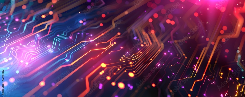Fototapeta premium Abstract Neon Circuit Board with Glowing Lines and Dots