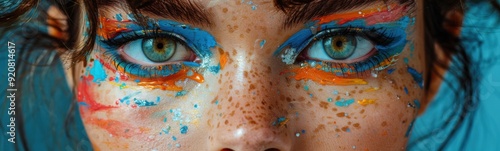 Brightly colored eyes of a woman with freckles and makeup, Portrait, Banner