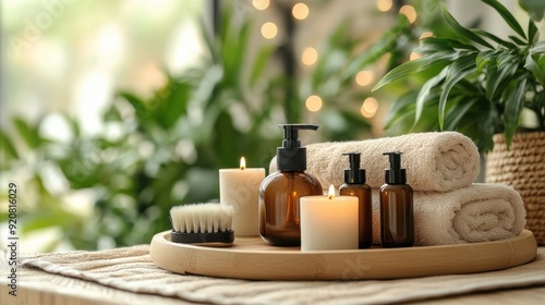 Spa setting with candles, towels, and essential oil
