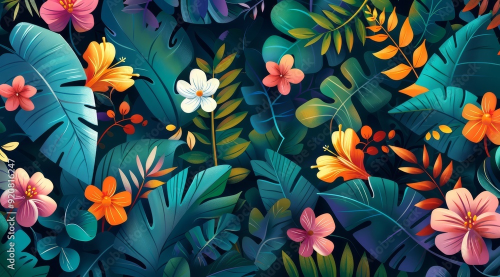 A beautifully illustrated tropical scene showcasing an array of lush green leaves and vibrant, colorful flowers A beautifully illustrated tropical scene showcasing an array of lush green leaves and vibrant, colorful flowers
