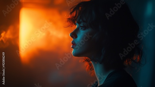 A woman in profile stands near a glowing orange light with smoke swirling around, creating a dramatic atmosphere