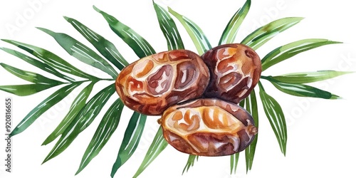 Wallpaper Mural Hand-drawn Watercolor Illustration of Organic Dried Date Fruits with Green Leaves Torontodigital.ca