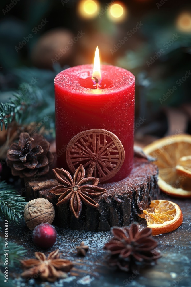 Christmas Pagan. Beautiful Winter Altar for Yule Sabbath with Red Candle and Celtic Calendar Christmas Pagan. Beautiful Winter Altar for Yule Sabbath with Red Candle and Celtic Calendar