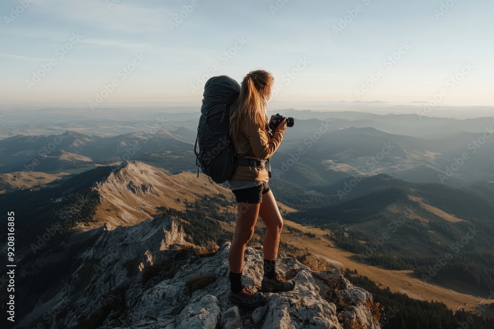 Obraz premium A woman equipped with a large backpack captures a stunning view from a mountain peak, showcasing the expansive and scenic landscape below.